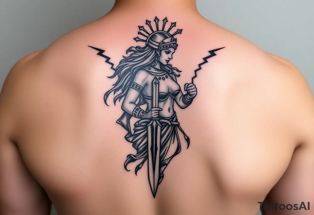 Greek goddess warrior with dagger and realistic lighting bolts going around body Greek mythology style with dark shading tattoo idea