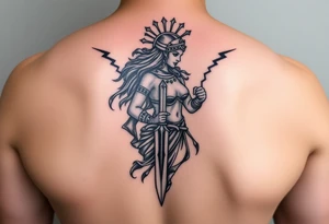 Greek goddess warrior with dagger and realistic lighting bolts going around body Greek mythology style with dark shading tattoo idea
