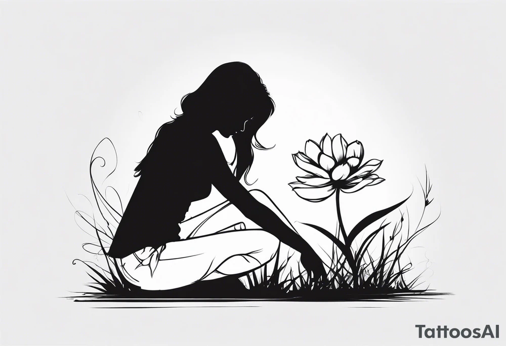 silhouette of a girl with a flower head, kneeling tattoo idea