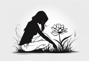 silhouette of a girl with a flower head, kneeling tattoo idea