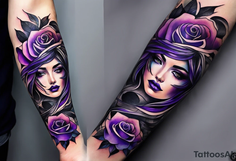 lines around wrist, abstract, black and purple, covered from wrist to forearm, fully covered, no borders, blackwork, no faces tattoo idea