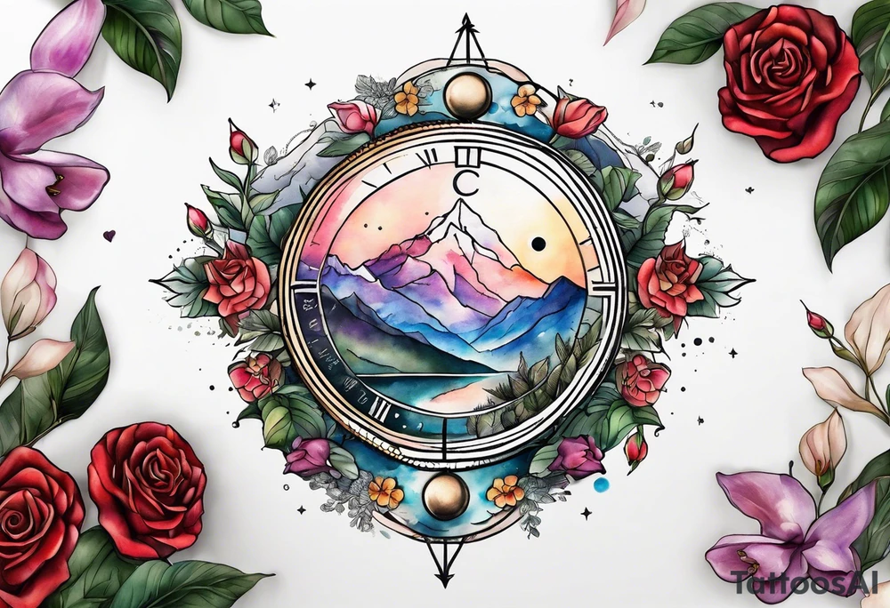 Compass with mountains and moons and flowers like roses or orchids tattoo idea
