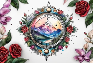 Compass with mountains and moons and flowers like roses or orchids tattoo idea