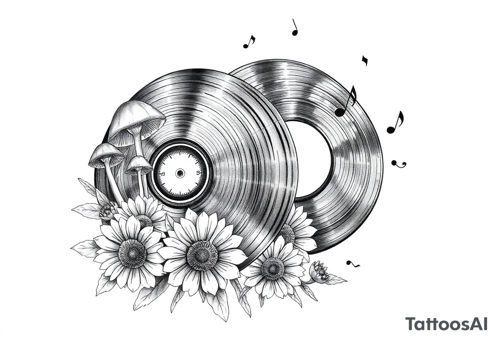 two overlapping vinyl records with mushrooms, sunflowers, and music notes tattoo idea