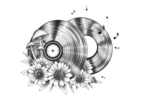 two overlapping vinyl records with mushrooms, sunflowers, and music notes tattoo idea