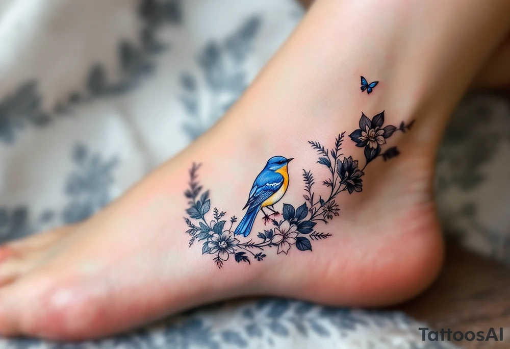 Blue bird coverup in a floral mirror frame tattoo idea