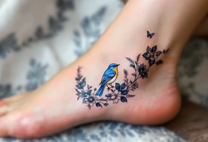 Blue bird coverup in a floral mirror frame tattoo idea