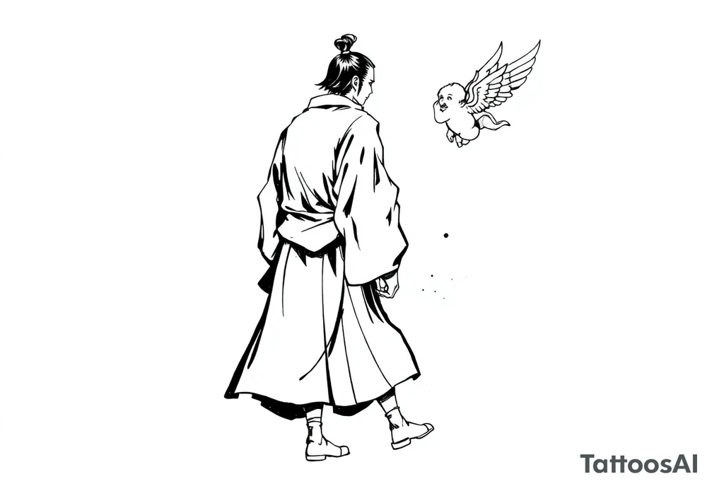 A solemn Japanese samurai (or ronin) in traditional hakama and kimono, walking in profile view. A small winged cherub or angel is floating behind him, reaching out with its hand towards his back. Black and white ink sketch, high contrast, monochrome, manga style, clean lines, dynamic composition, with ink splatter details on a white background. --ar 1:1 tattoo idea