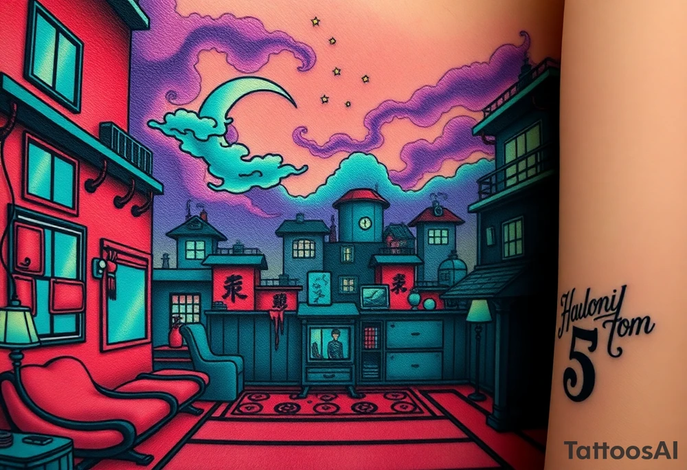 Tim Burton’s haunted pastel Tokyo apartment and dripping with muted reds, dusty pinks, and eerie green glow.purple and cyan smokey clouds swirl in the crescent moonlit sky thats sprinkled with stars tattoo idea tattoo idea