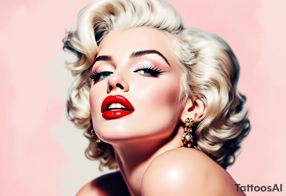 A vintage-style Marilyn in full color with platinum blonde hair, red lips, and a soft pastel background. tattoo idea