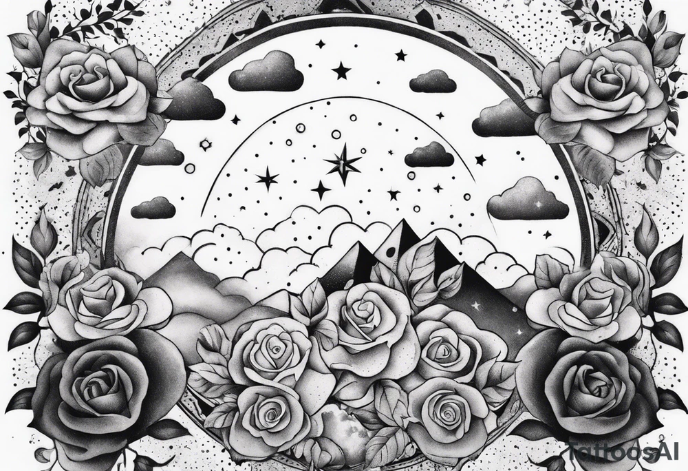 Tesseract with clouds and small roses and stars around it tattoo idea