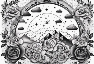 Tesseract with clouds and small roses and stars around it tattoo idea