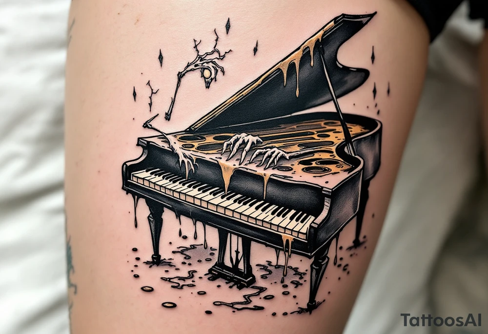 Tim Burton’s crooked piano plays on its own, with ghostly fingers and melting keys in black and ivory. tattoo idea