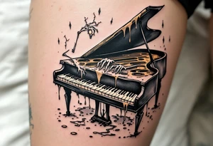 Tim Burton’s crooked piano plays on its own, with ghostly fingers and melting keys in black and ivory. tattoo idea