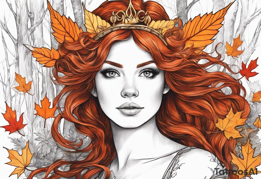 A auburn haired fairy in the middle of a forest during the peak of autumn, twirling in a whirlwind of autumn leaves. The fairy's hair is auburn with copper colors and a crown of gold, orange, and red leaves adorning her head. tattoo idea