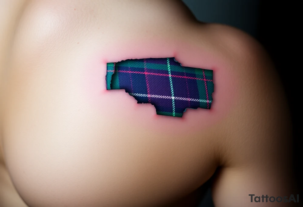 Dark Purple with green pink blue and white highlights tartan fabric on bicep with skin tearing away to reveal tartan underneath tattoo idea