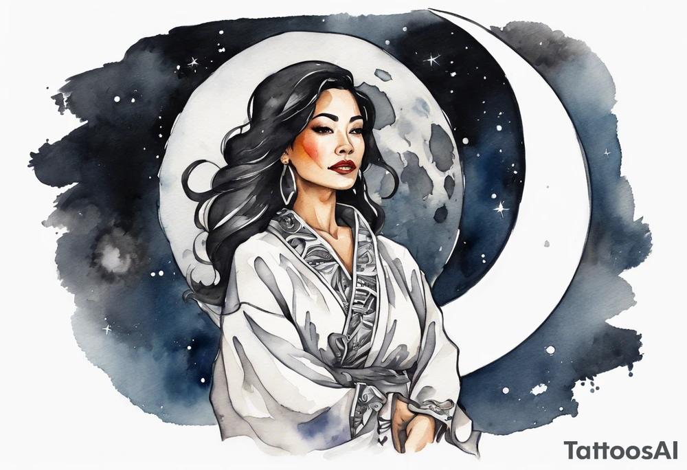 a watercolor of a beautiful 40-year-old latina woman wearing black and white robes standing on the moon tattoo idea