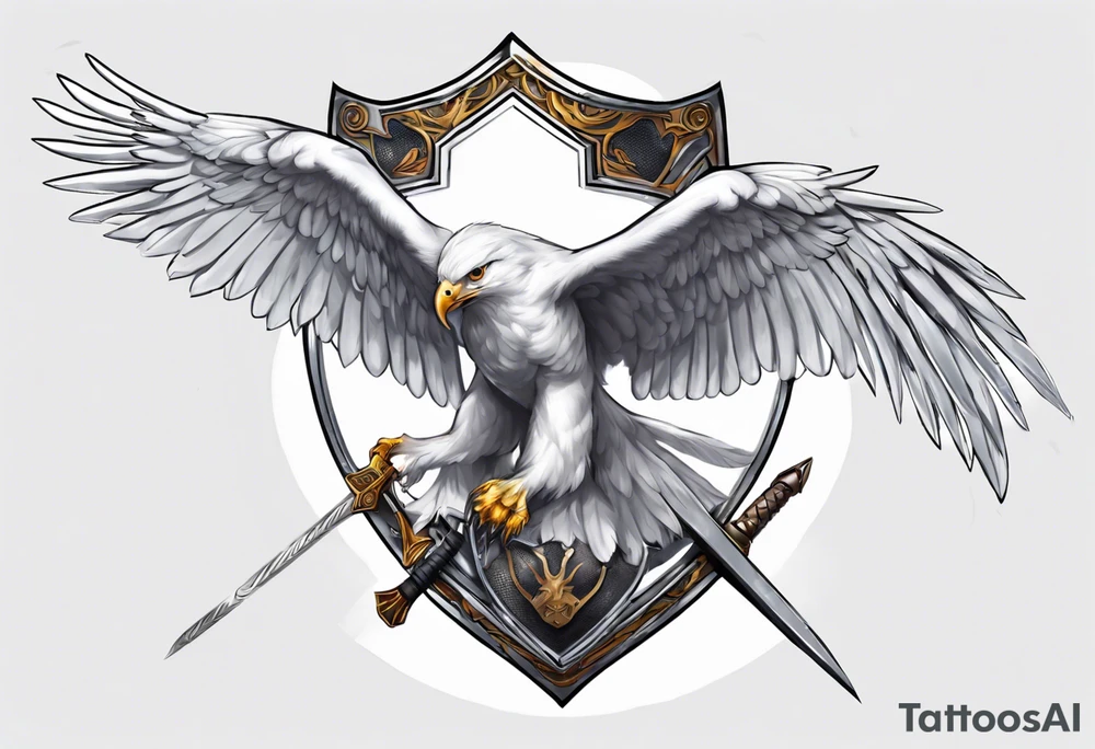 A white hawk going to battle with a sword and shield tattoo idea