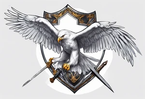 A white hawk going to battle with a sword and shield tattoo idea