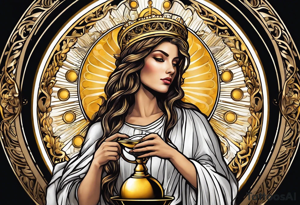 woman saint holding chalice surrounded by golden halo sideways tattoo idea