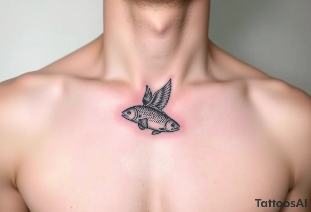 small bird and fish tattoo, for chest, man. not many details. a lot of black color tattoo idea