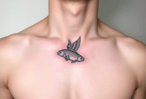 small bird and fish tattoo, for chest, man. not many details. a lot of black color tattoo idea
