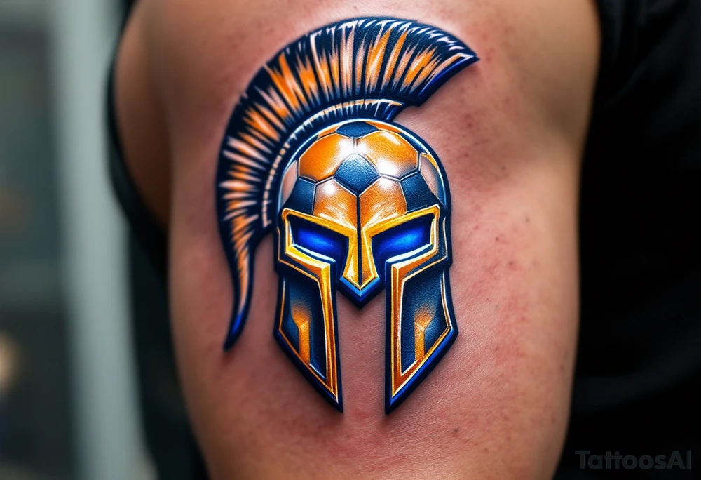 A half-soccer, half-hockey ball fused behind a gleaming golden Sparta "S" logo with blue accents. tattoo idea