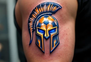 A half-soccer, half-hockey ball fused behind a gleaming golden Sparta "S" logo with blue accents. tattoo idea