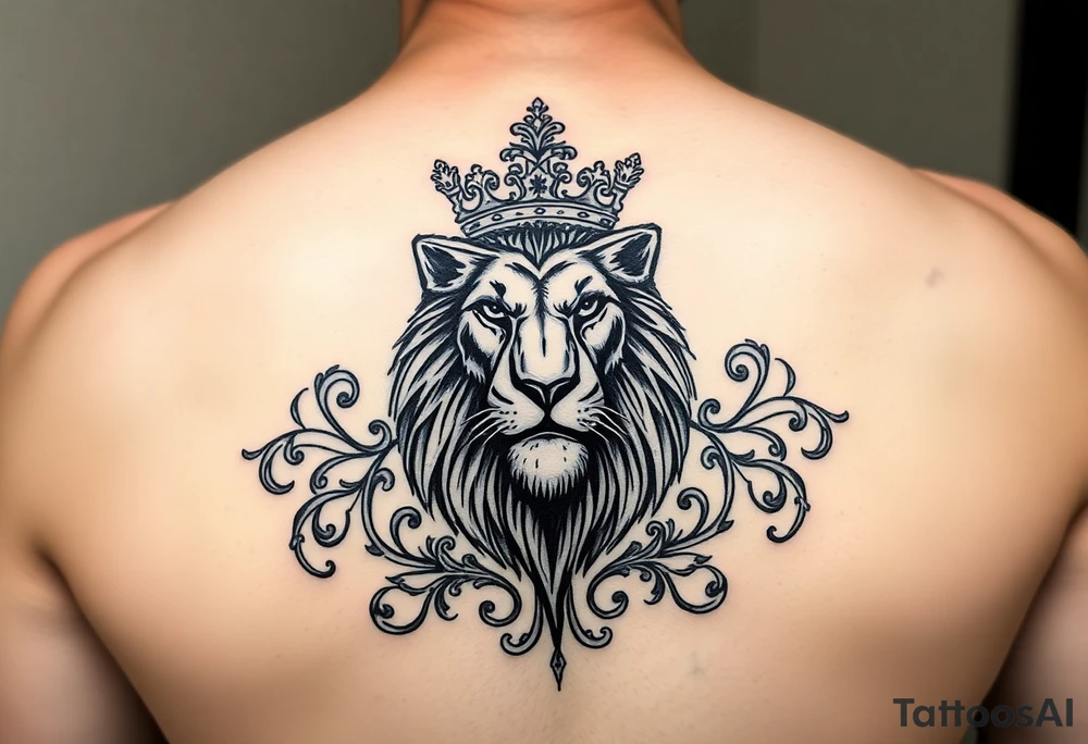majestic lion wearing ornate crown, surrounded by baroque flourishes tattoo idea