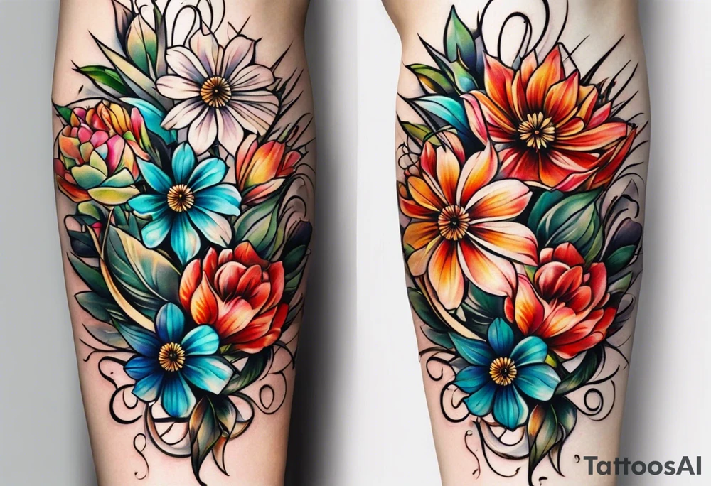long vertical tattoo to cover my whole shin showing two separate flower stems wrapped around each other, I want a long stem to show them intertwined tattoo idea