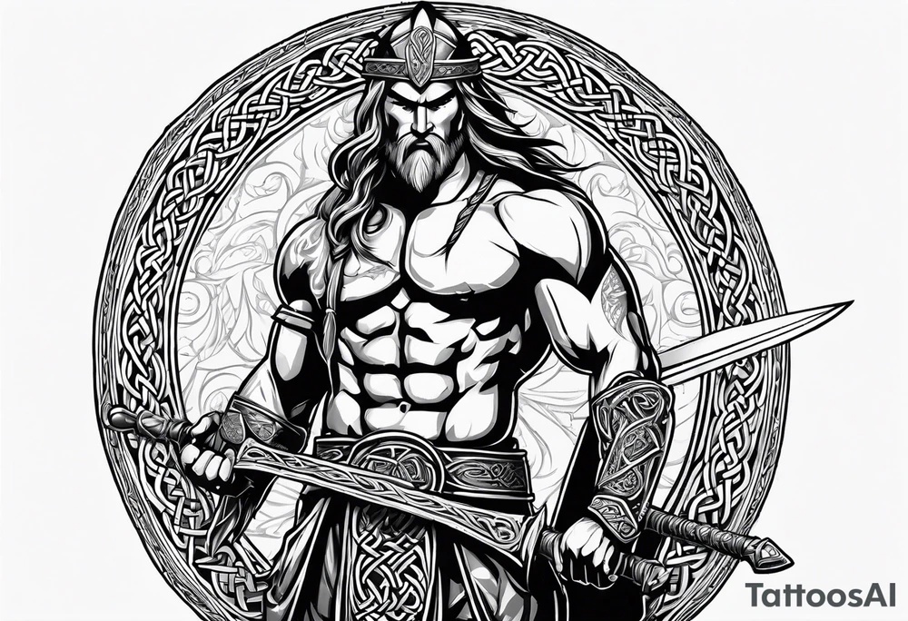 Side facing full body shot of Celtic warrior with weapon unsheathed. tattoo idea