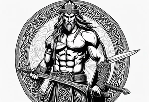 Side facing full body shot of Celtic warrior with weapon unsheathed. tattoo idea