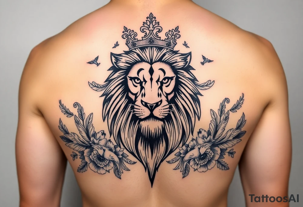 powerful majestic lion with a crown, surrounded by floral ornaments and birds tattoo idea