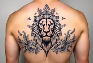 powerful majestic lion with a crown, surrounded by floral ornaments and birds tattoo idea