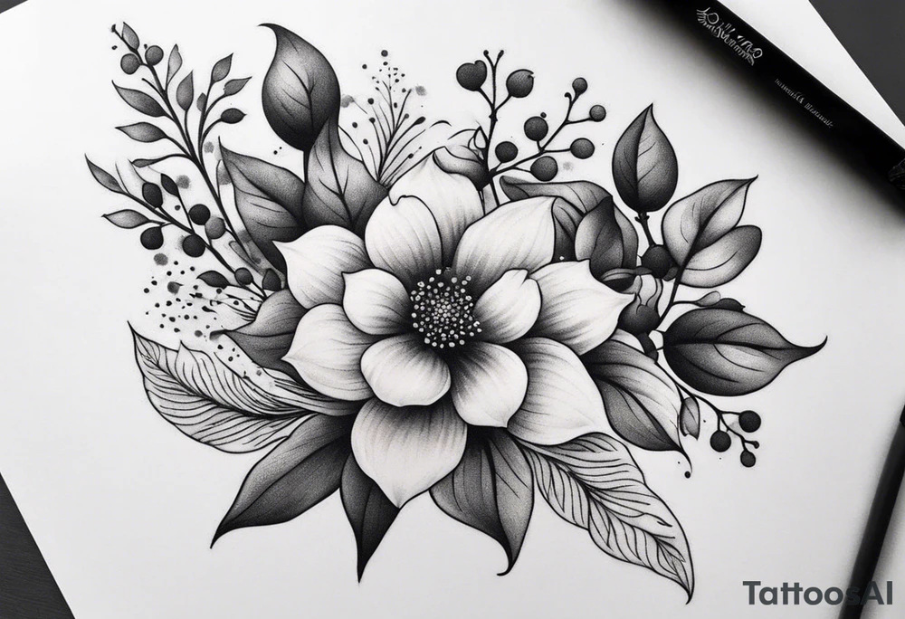 Design a minimalist tattoo featuring a combination of small flowers and leaves, arranged in a graceful, flowing pattern tattoo idea