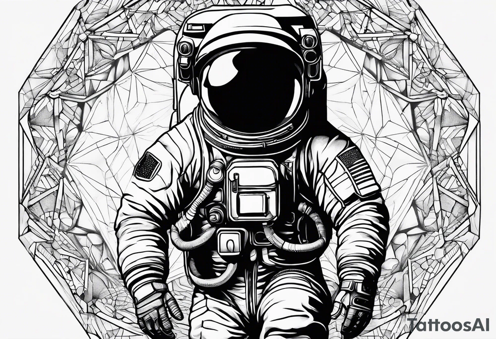 Astronaut floating in space with sacred geometry and hexagonal shapes tattoo idea