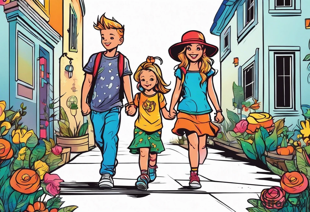 1 boy 2 girls walking tattoo idea