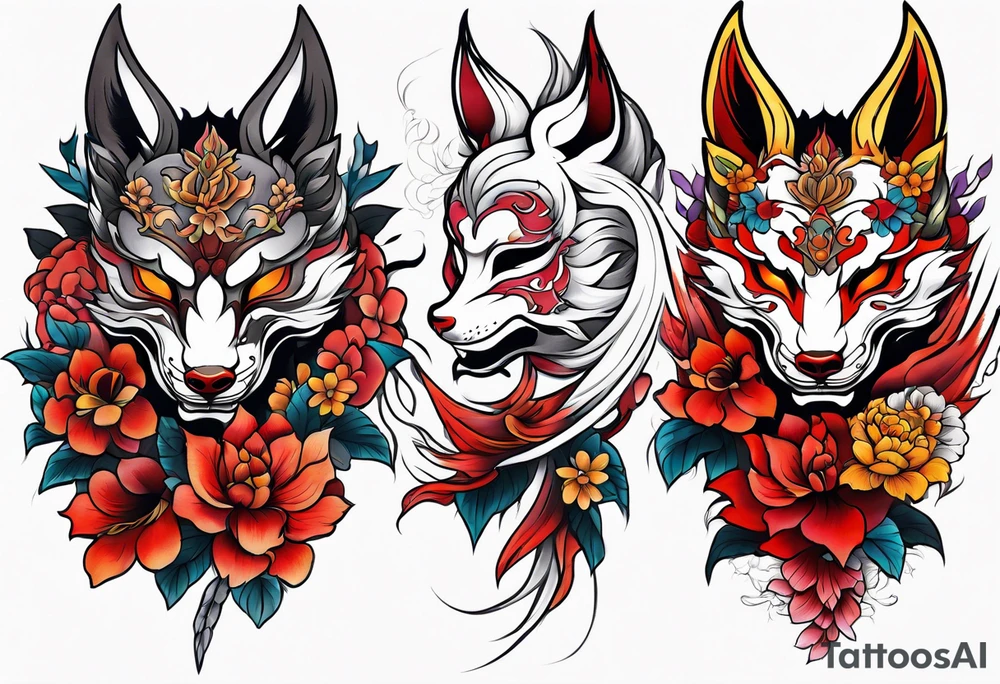 Neotraditional tattoo sleeve with a broke in half oni mask with flowers and kitsune coming out of it tattoo idea