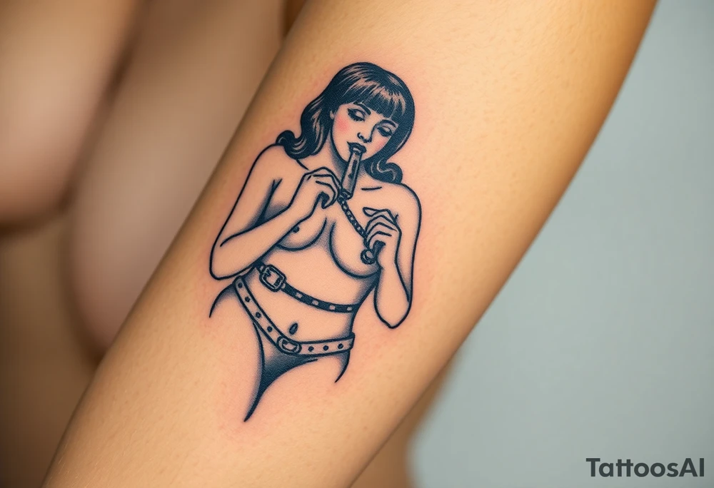 Naked Woman in restraints, with her mouth held agape and a penis entering tattoo idea