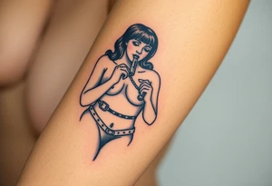 Naked Woman in restraints, with her mouth held agape and a penis entering tattoo idea