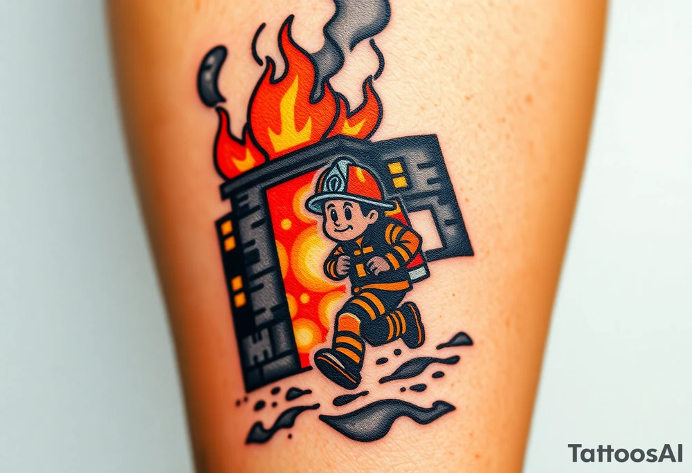 A firefighter running towards a burning building, with dramatic shading in deep oranges, blacks, and grays. tattoo idea