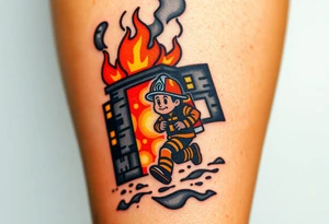 A firefighter running towards a burning building, with dramatic shading in deep oranges, blacks, and grays. tattoo idea