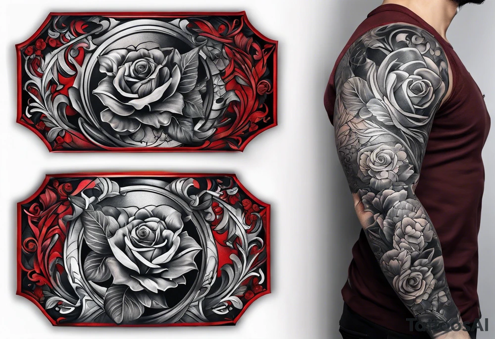 Full Arm sleeve, black, gray, silver, red, royal blue tattoo idea Full Arm sleeve, black, gray, silver, red, royal blue tattoo idea