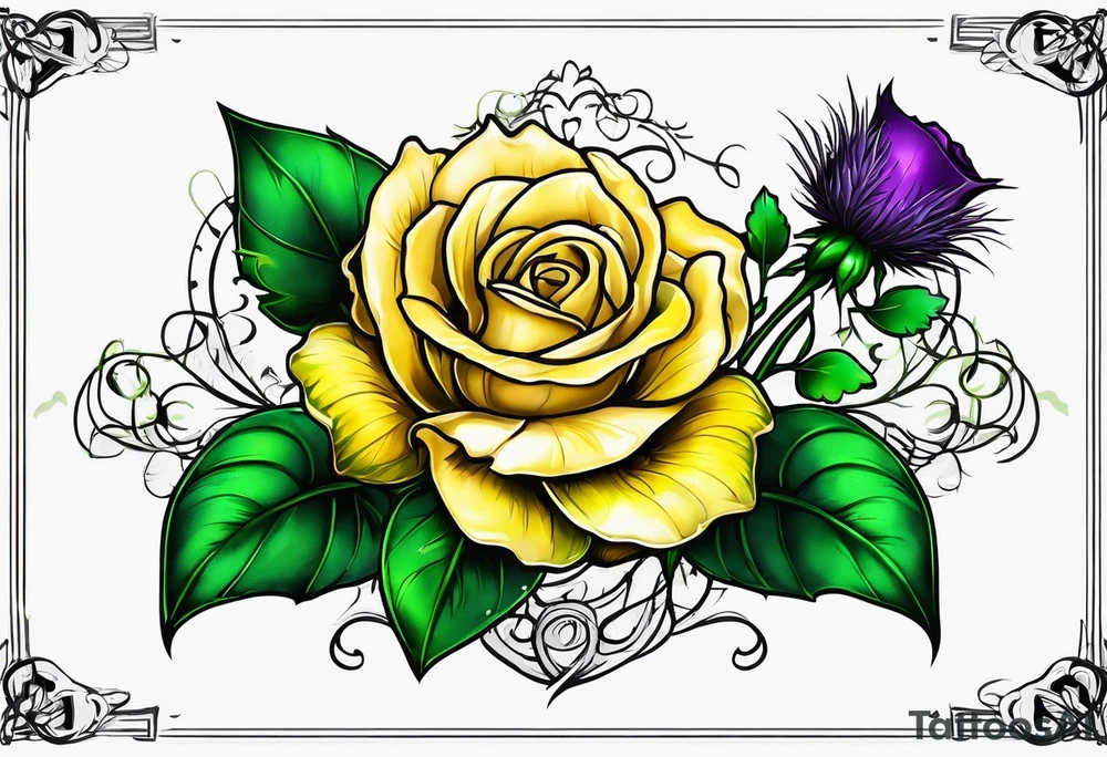 Yellow rose, purple thistle, and green shamrock with lettering KND tattoo idea