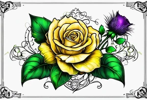 Yellow rose, purple thistle, and green shamrock with lettering KND tattoo idea