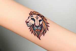 A highly detailed line-art Czech lion, with intricate patterns in its mane and subtle golden, blue, red shading for a regal look. tattoo idea