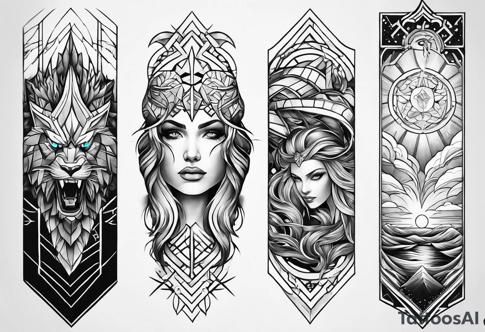 From left shoulder to forearm sleeve tattoo. Fine line geometric, concept design tattoo, ocean thunder fire nature, viking tattoo idea