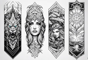 From left shoulder to forearm sleeve tattoo. Fine line geometric, concept design tattoo, ocean thunder fire nature, viking tattoo idea