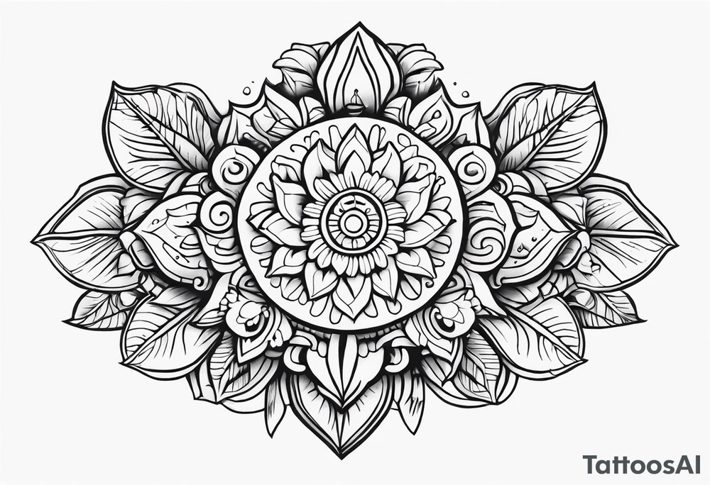 Create a masculine mayan tattoo design carved in stone featuring three flower buds of Gypsophila spp. tattoo idea