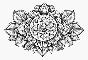 Create a masculine mayan tattoo design carved in stone featuring three flower buds of Gypsophila spp. tattoo idea